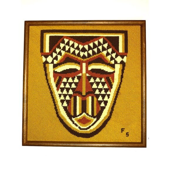 Handcrafted Vintage Tribal Mask Needlepoint Wall Art In Wooden Frame - Picture 1 of 9